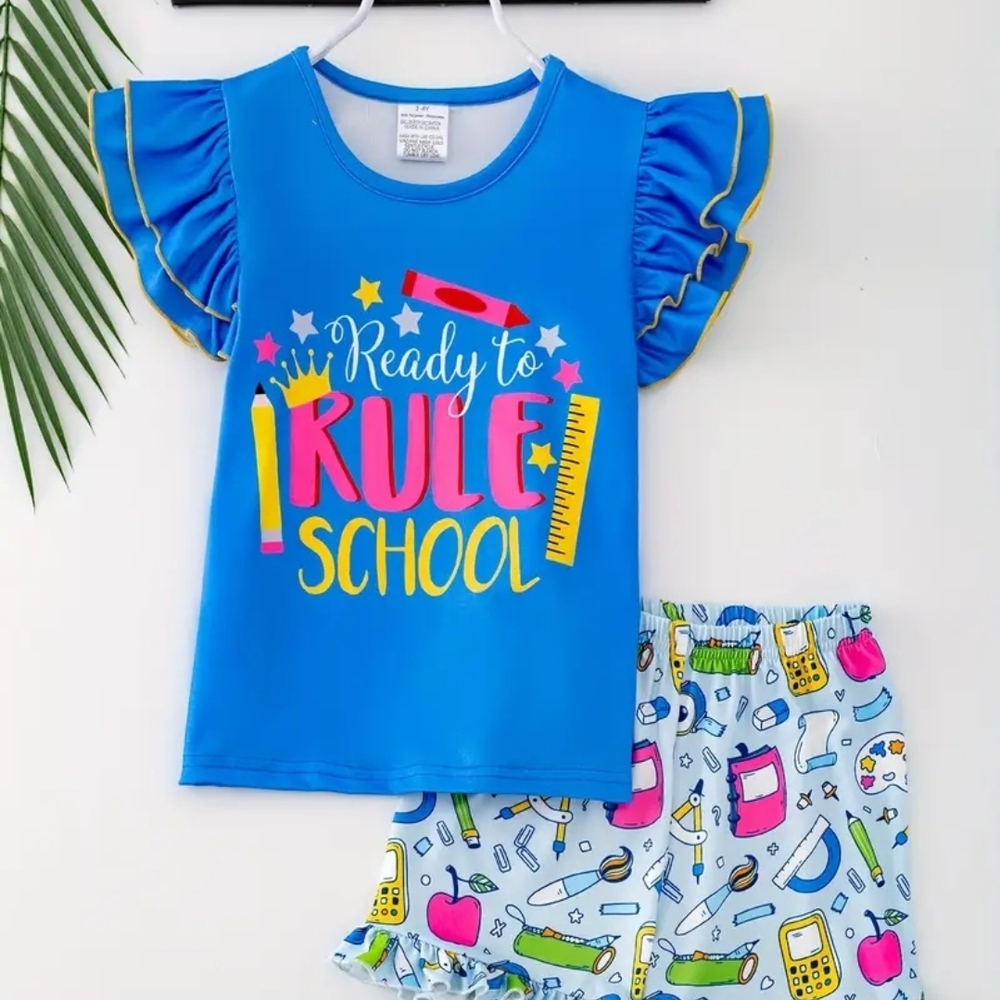 Blue Kids Pajamas Set with School Theme